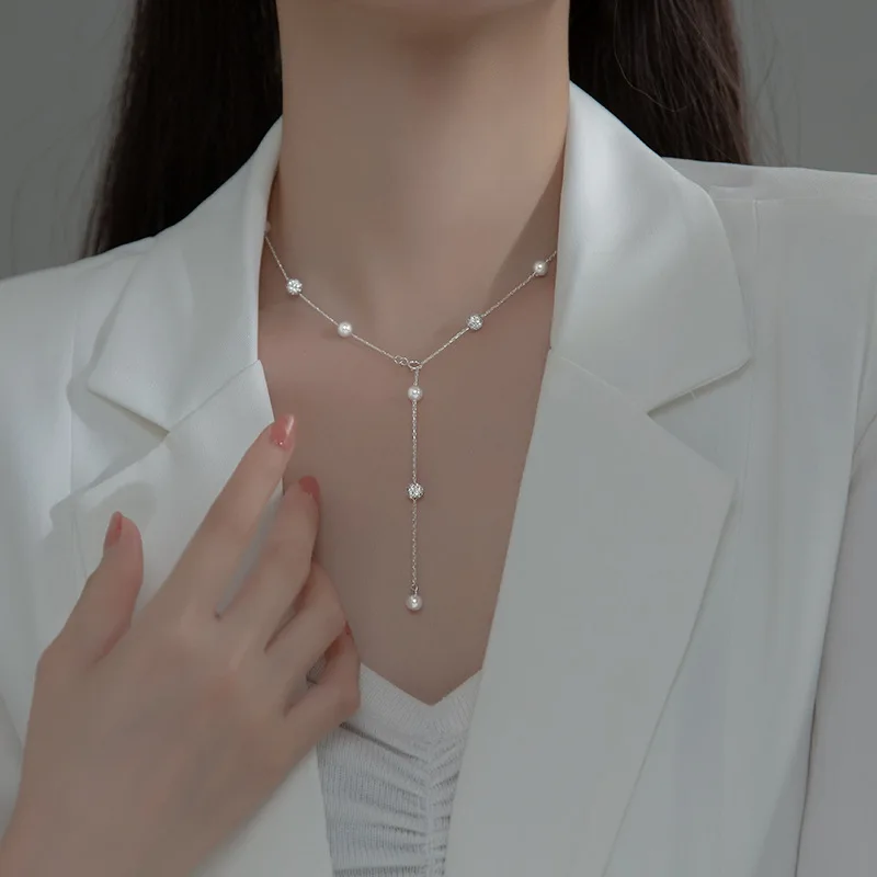 【TATIANA】(Silver 925) Delicate Pearl Y Chain Necklace Designer fashion, Seoul-fully created | W Concept