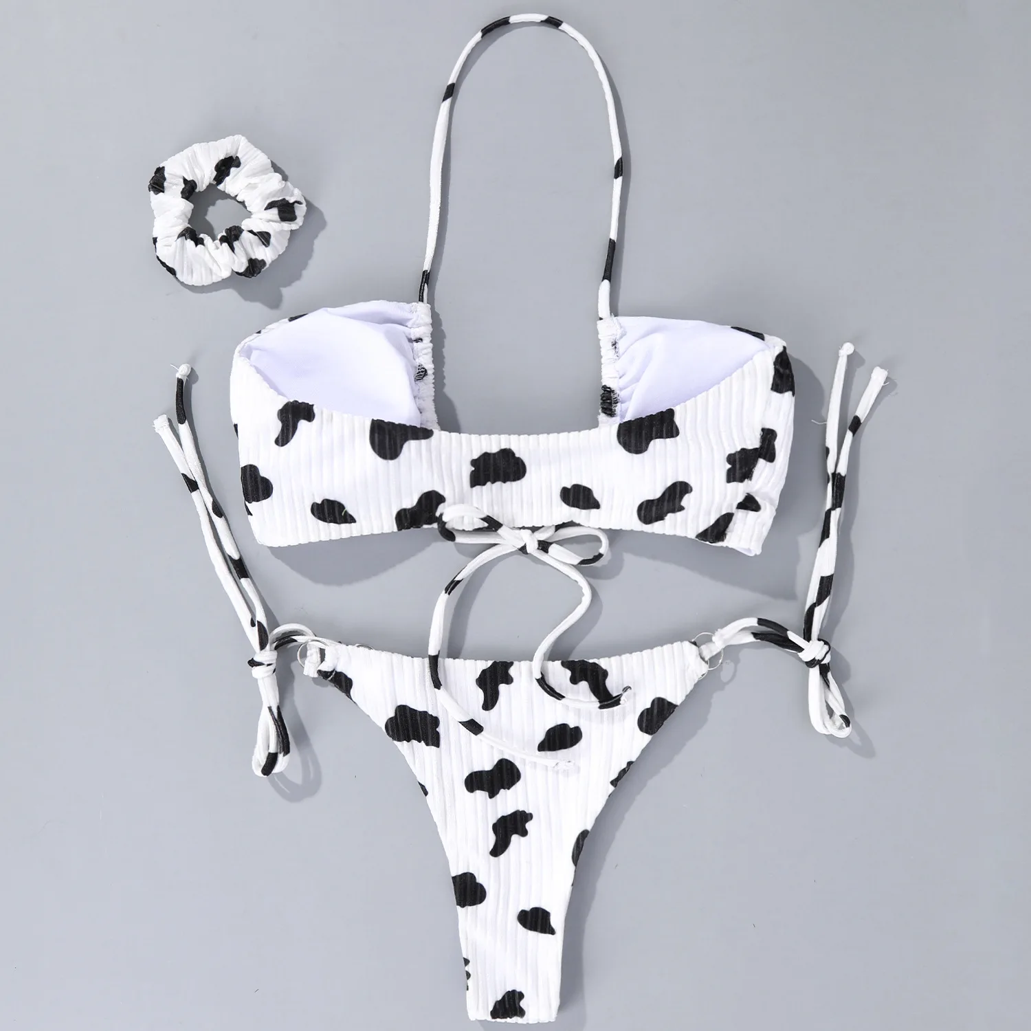 Cow Print Two-piece Bikini Sets Women's Beachwear e Lace-up Bra Low Waist Thong Briefs Swimsuit Set Female Bathing Suits