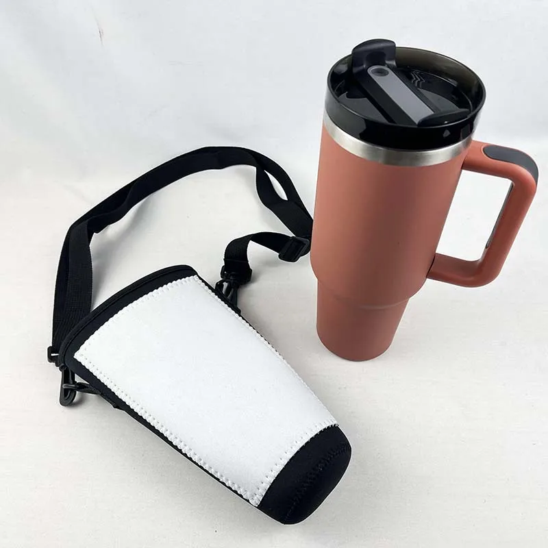 White/Black Neoprene Sublimation 40oz Tumbler Holder with Strap