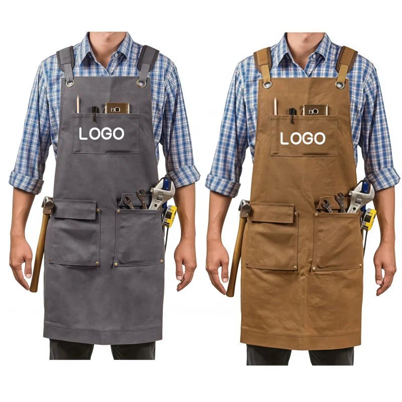 Custom Logo Heavy Duty Thick Waxed Canvas Apron Water-repellent Woodworker Sleeveless Cleaning Workwear with Multi Tool Pockets