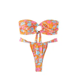 Women's Printed Strapless Ring Bikini Set Summer Beach Swimwear Bathing Suit with Thongs Bottom Two-Piece Set