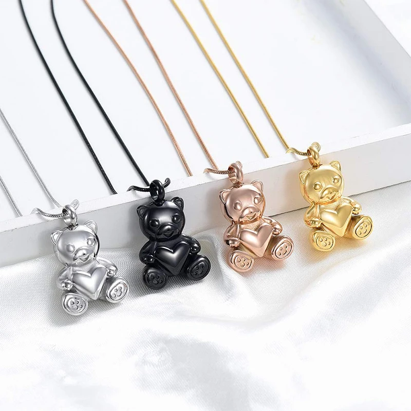 Stainless Steel Teddy Bear Pet Urn Pendant Memorial Ash Keepsake Cremation Jewelry Necklace for Ashes Locket Necklaces