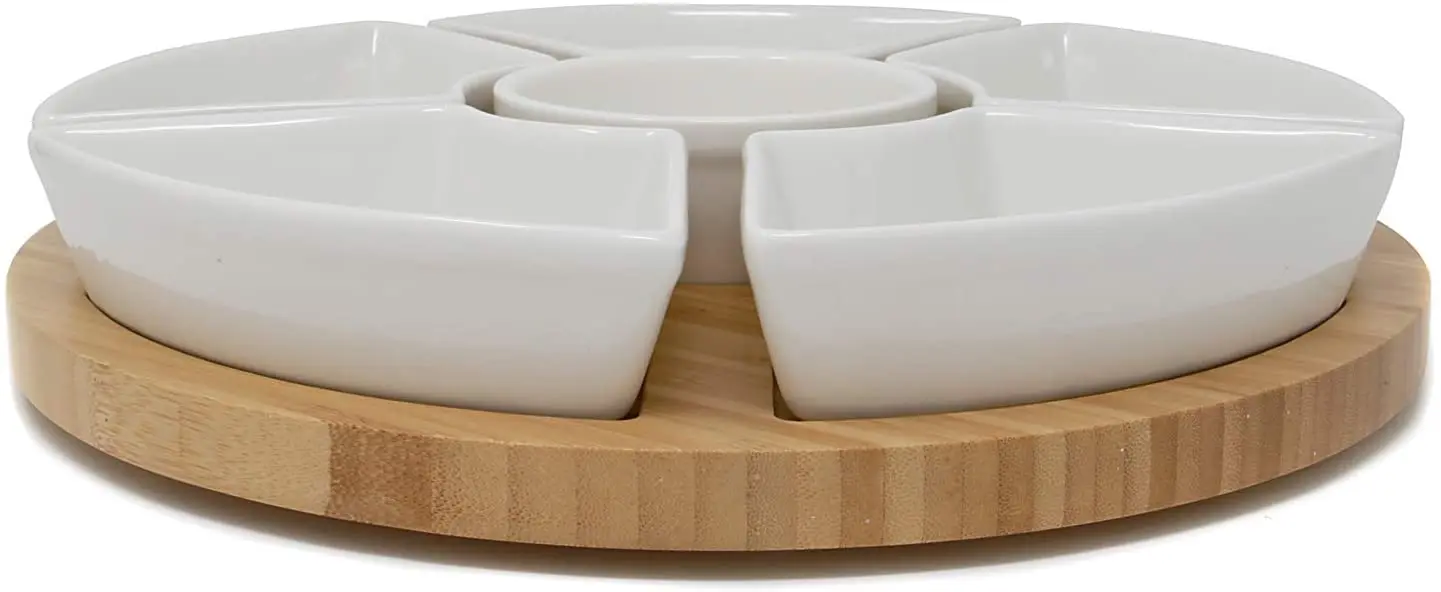 Bamboo Rotating Dip Set Lazy Susan With 6 Ceramic Dishes Serving ...