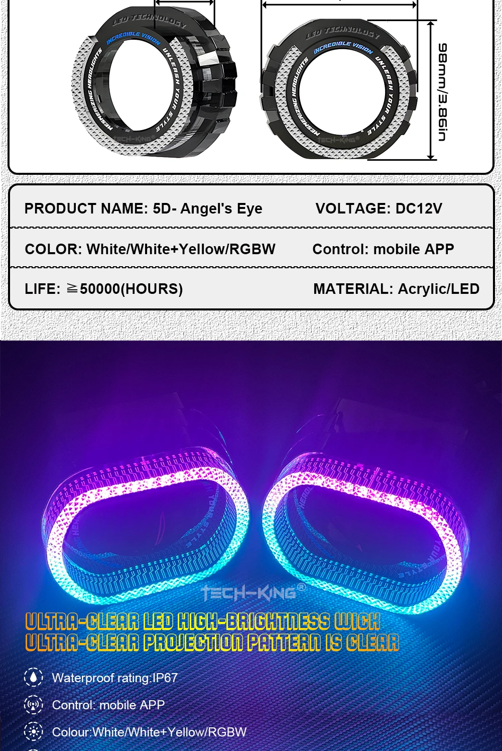 Car LED Angel Eye 2.5/3.0 Inch Shrouds with RGBW Angel Eyes & 5D Lighting for Projector Headlight Decoration New Condition Lamp