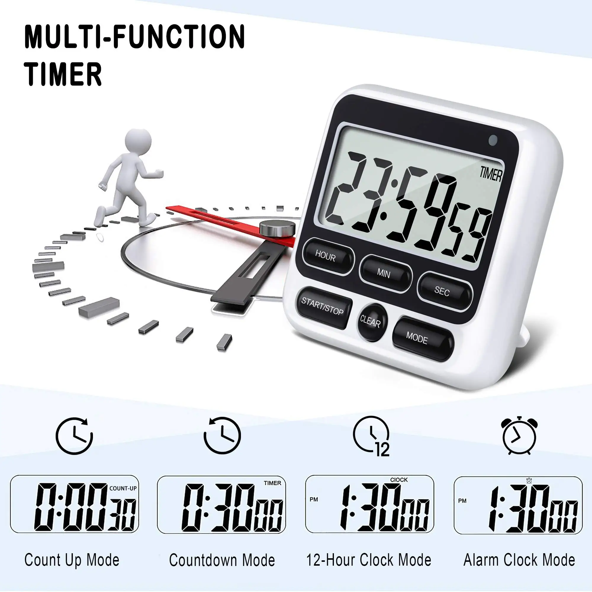 Digital Screen Kitchen Timer Large Display Digital Timer Square Cooking Count up Countdown Alarm Clock Sleep Stopwatch Clock