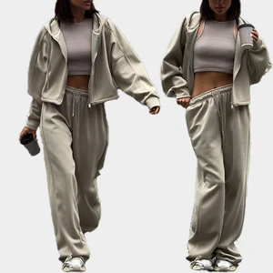 OEM Winter 2026 Zipper Activewear Heavyweight Loose Jogging and Oversize Sweatshirt 2pc Sport Outfit Women Workout Tracksuit
