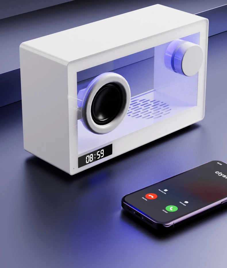 Factory Directly Supply DC5V 800mAh Classic Model Transparent Wireless Bluetooth Speaker with LED clock Display TF Card Playback