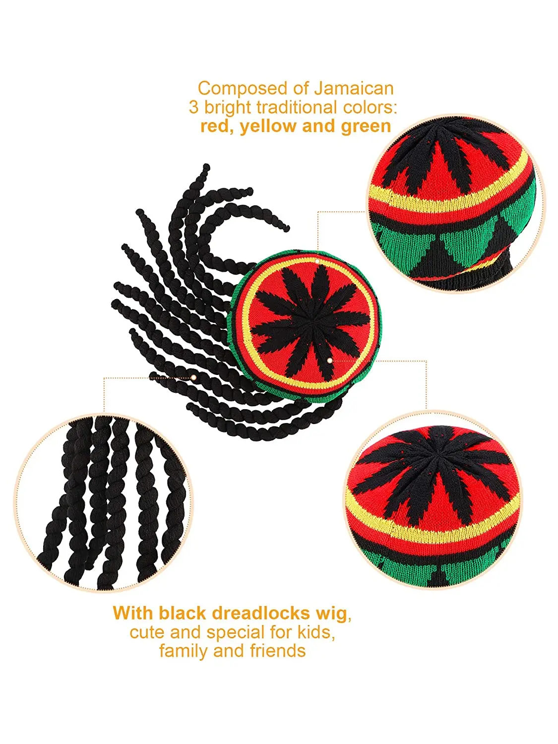 Jamaican Hat With Dread Lock Like Long Black Hair Rasta Wig With Cap Costume Accessory Knitted Hat