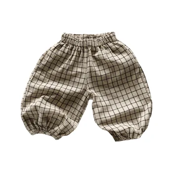 Fashion Plaid Elastic Waist Kid Boys Short Pants Loose Cotton Linen Girl Shorts Children Summer Clothes