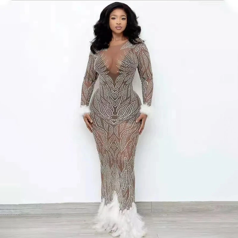Woman Gown Fashionable See Through Shiny Sequin Dresses Women Lady Elegant  Party Evening Feather Trailing Long Gowns Party Wear