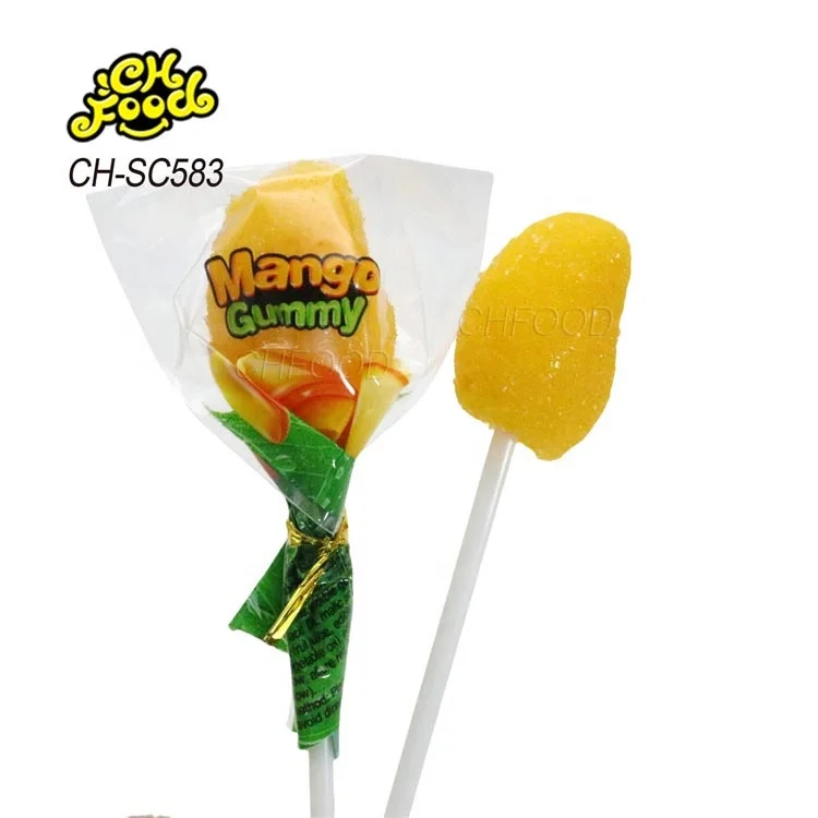 Halal 3D Sugar Coated Mango Shape Gummy Jelly Candy Lollipop Wholesale and Custom China Sweets Candy Snack