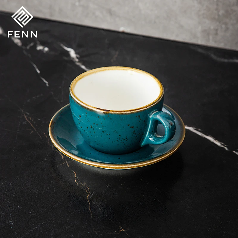 FENN Factory Manufacture Sale Porcelain Cappuccino Cup Tea Cups Wedding Hotel Speckled Blue Ceramic Coffee Cup With Saucer