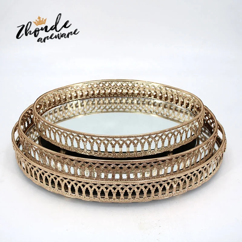 Wholesale Coffee Serving Glass Mirror Tray For Perfumes Tea Gold Metal Tray