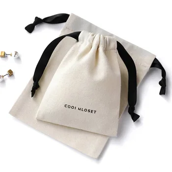 Custom logo white black dust candle jewelry pouch canvas cotton drawstring bag with ribbon