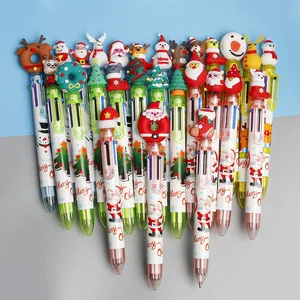 Six-Color Christmas Retractable Ballpoint Pen Cute Cartoon Christmas Tree Reindeer Design Plastic Gift