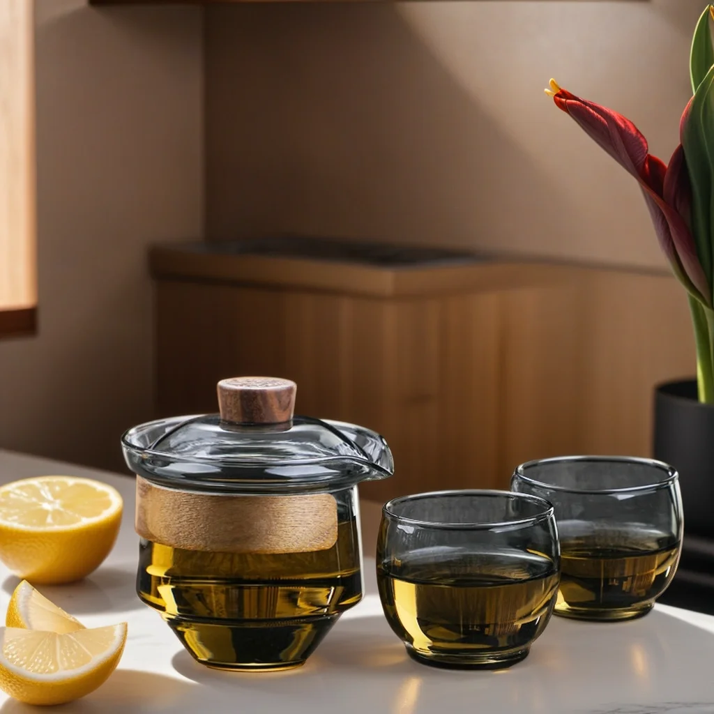 Portable 200ml High Borosilicate Glass and Heat Resistant with Filter Lid and Wood Grip Glass Tea Cup