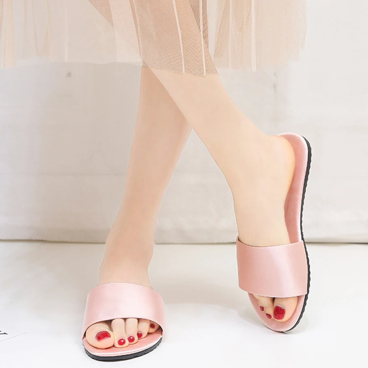 Custom Cute Open Toe Sandals Home Indoor Bride Wedding Favor Satin Slides Royal Blue Satin Bedroom Slippers for Women
