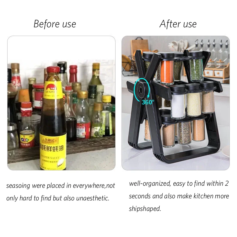 360 Degree Rotating Plastic Spice Rack Storage Holder 18 Glass Seasoning Rack Set Double Standing for Kitchen Tool Organization