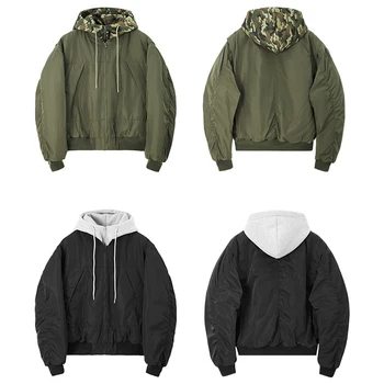 Men's Oversized Hooded Bomber Jacket Camouflage Lining Windproof Adjustable Drawstring Hood Casual Streetwear for Spring Autumn