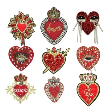 Handmade Embroidered Badges by Famous Brands Appliques Logo Stock Patches with Rhinestones and Beads Decoration for Sewing