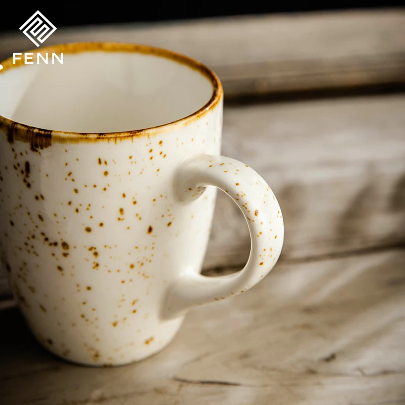 FENN Factory Manufacture OEM ODM Custom 400ML Rustic Spray Glaze Porcelain Mug Cups White Vintage Style Speckled Coffee Mug