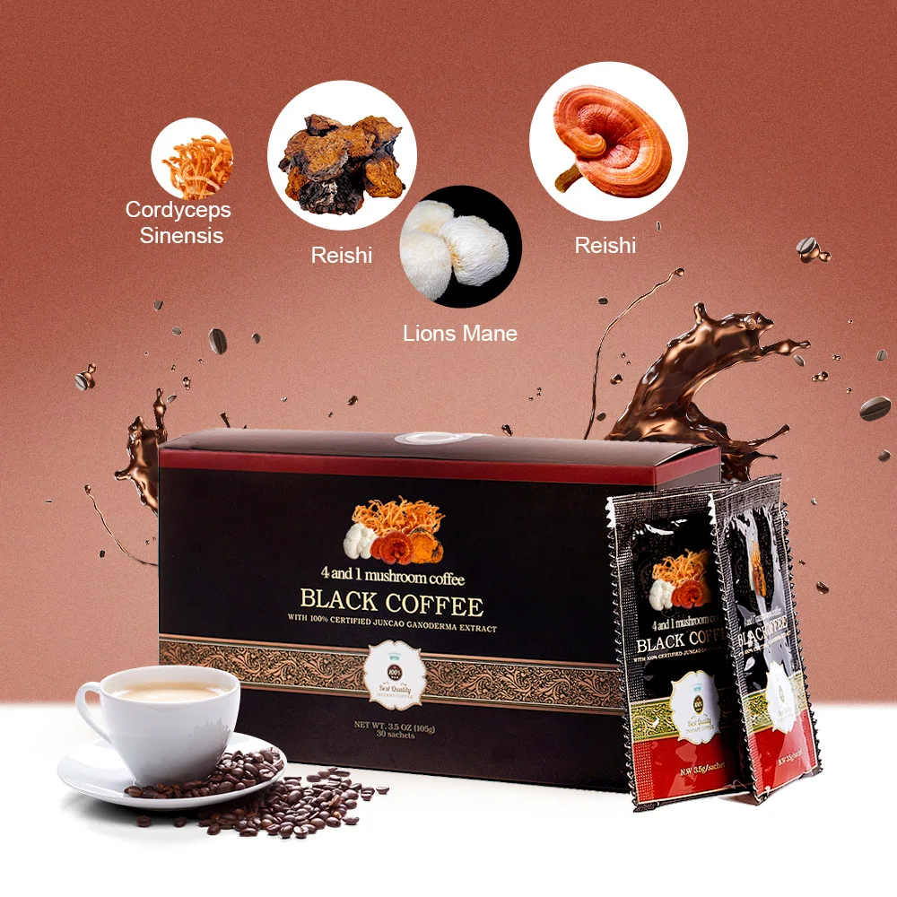 Private Label OEM Ganoderma Lucidum Reishi Mushroom Extract Instant Black Coffee 30 Days