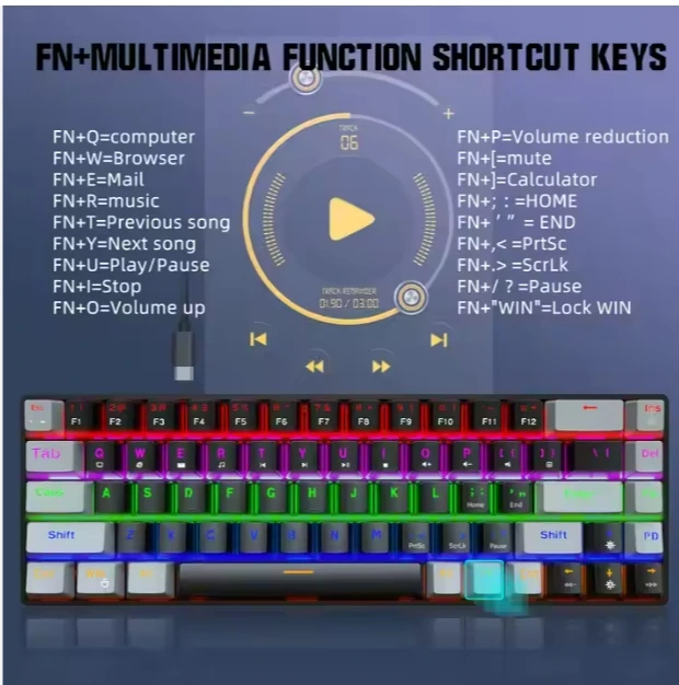 Compact 60% Ultra RGB Backlit Wired Mechanical Gaming Keyboard New Cherry Brand Axis USB Interface Swappable 2.4Ghz