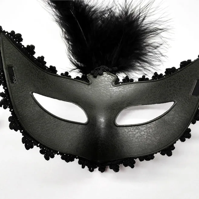 Masque Carnaval Femme Dentelle Noire Avec Plumes - Taille Unique Ajustable - Pour Bal Masqué Halloween Fête Costumée