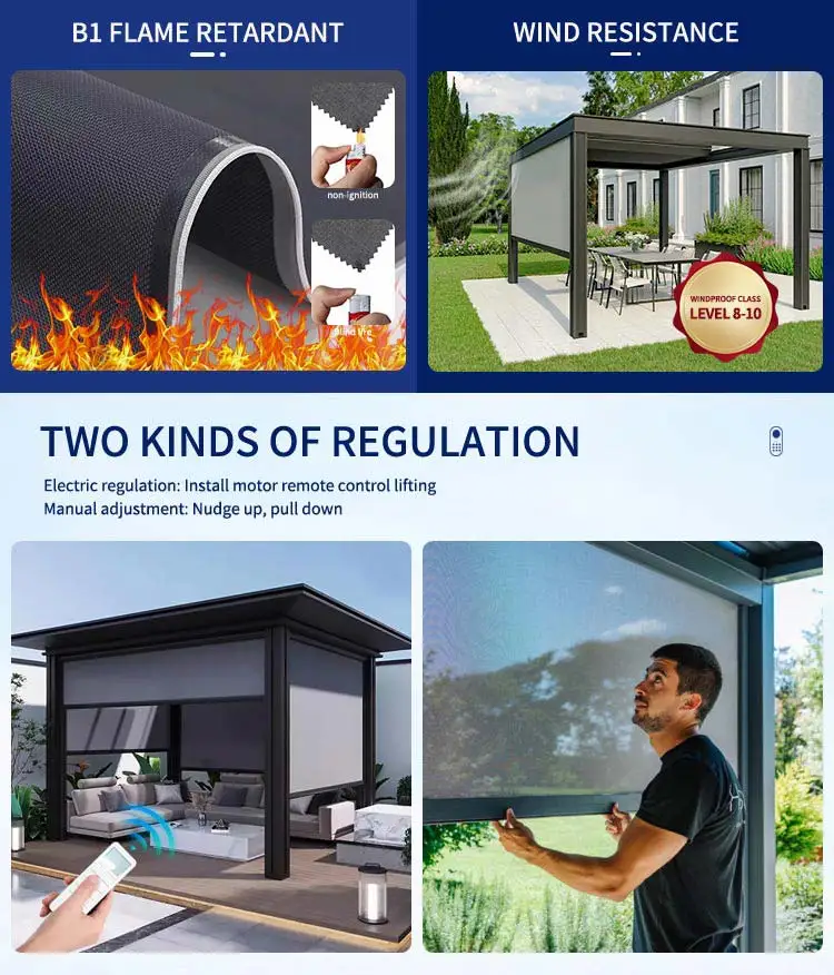 Custom Made Zip Screen Patio Blinds Sun Shade Vertical Motorized Zip Screen Outdoor Roller Blind for Pergola