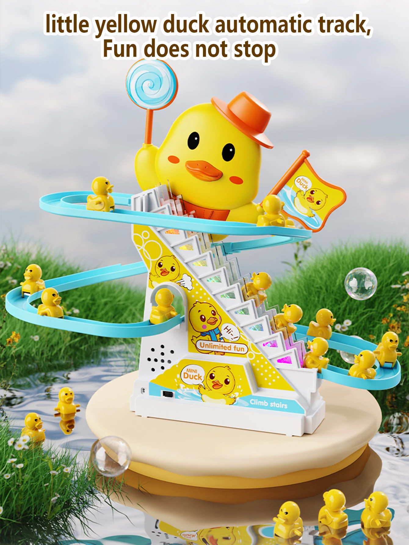 Children's Duck Climbing Stairs Toy Electric Track Automatic Stairs Duck Slide Light Music Puzzle Early Education Toy