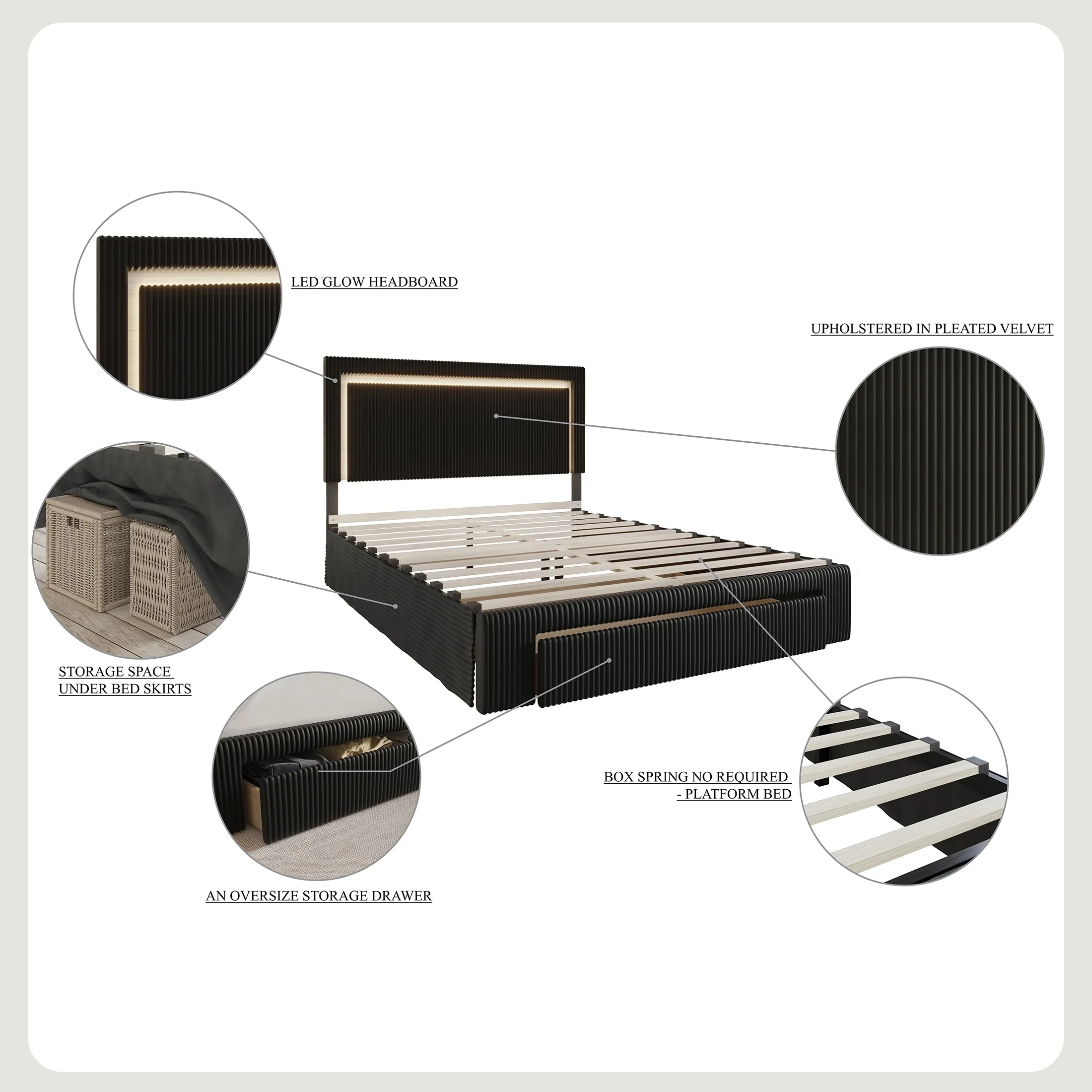 Latest modern design bed set LED Glow Headboard storage drawer Queen size comforter luxury bed for Apartment Hotel and Bedroom