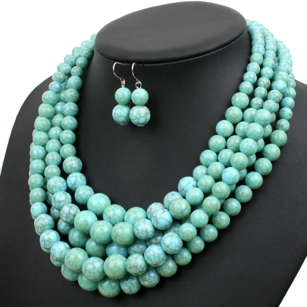 Imitation Turquoise Crack Beaded Multi Layered Necklace Earrings Bridal Jewelry Set