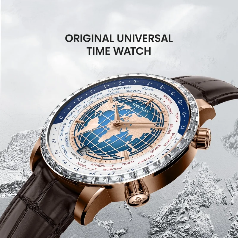 AGELOCER Original World Time Watch Men Gold Watch Business Formal Automatic Mechanical Watch Diamond Watch Birthday Gift for Men