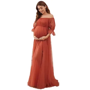 Maternity Dress Formal Evening Wear with Short Sleeve Line Neck Tulle Solid Color Plus Size Sexy Style for Pregnant Women Summer