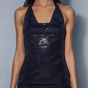 Deep V-Neck Sequined Mini Dress for Girls Sexy Party Club Cocktail Spaghetti Straps Black Transparent Sheer Layer Crepe Straight