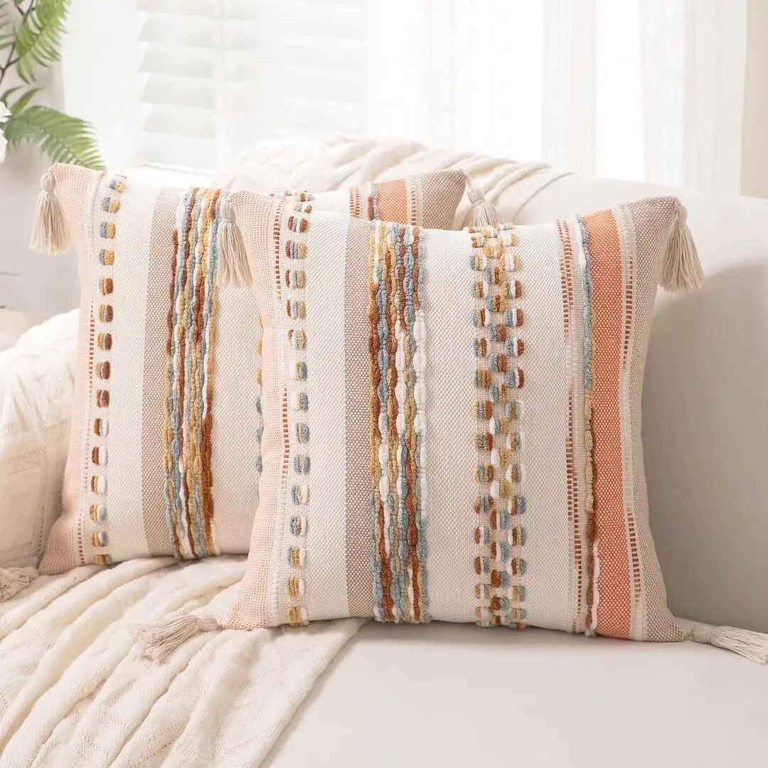 Boho Throw Cushion Cover  Woven Tufted Farmhouse Pillows Cover with Tassels Textured Striped Cushion Case Neutral Pillow Cases