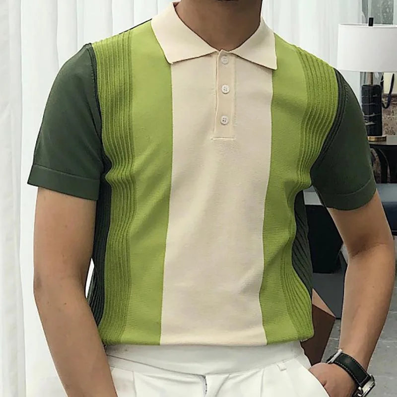 Plaid Knitted Polo Shirts Men Vintage Green Short Sleeve Lapel Tee