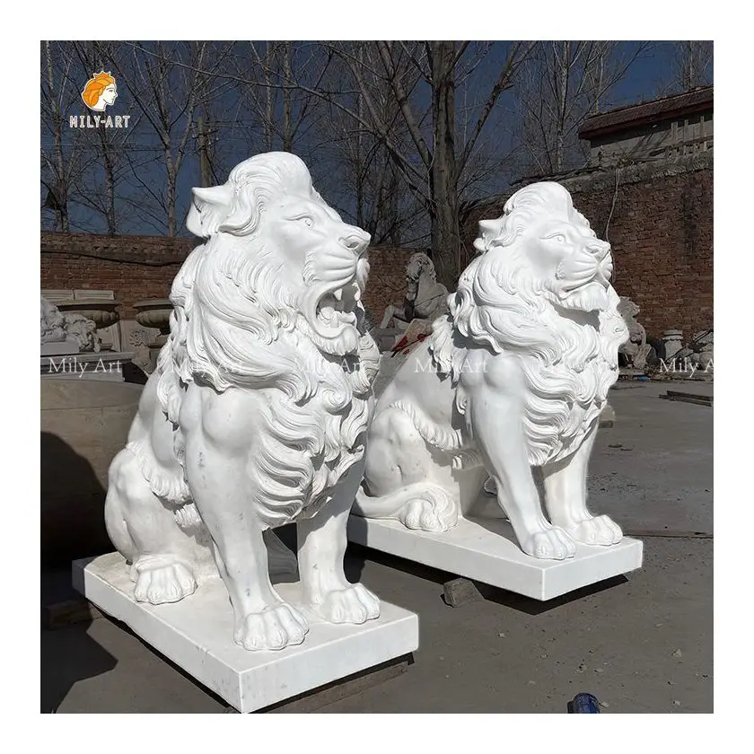 Life Size Decoration High Quality Stone Sculpture White Sitting Marble Lion Statue for Garden