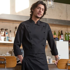Tesimei High-End Summer Tops Long Sleeve Men's Restaurant Kitchen Suit Canvas Fabric Chef Uniforms Black Polyester/Cotton