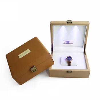 Luxury LED light PU leather watch organizer flip cover dustproof watch box gift box for watch