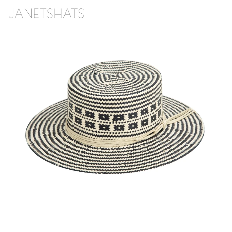 Custom Geometric Colombian Pattern Boater Wide Brim Hat Handmade Chapeau Femme Breathable Paja Jazz Hat for Travel and Fishing