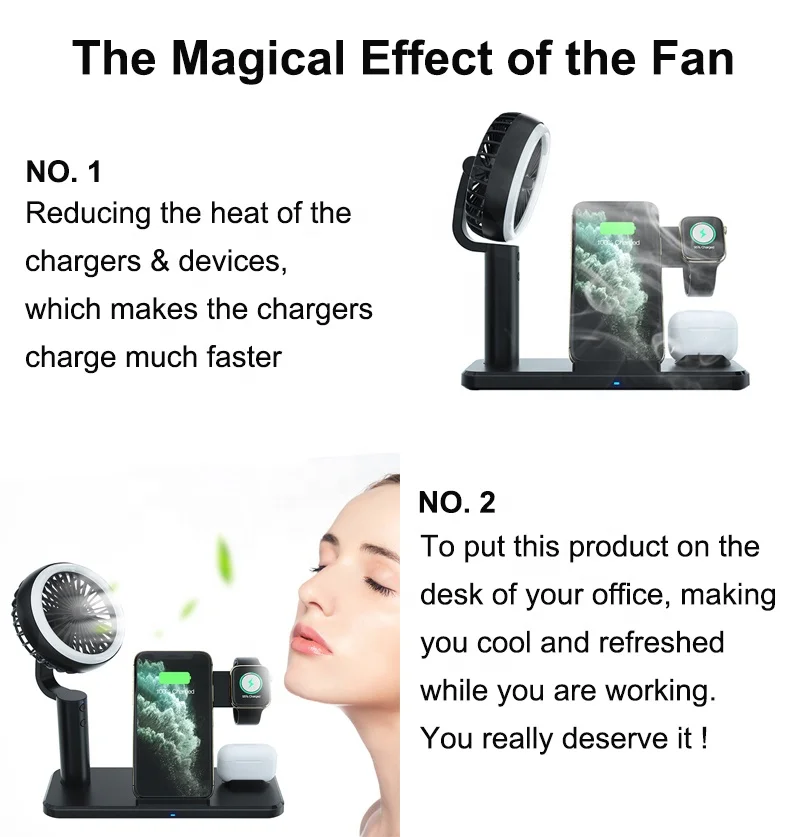 
 Новая технология N60 4 в 1 Держатель зарядного устройства для телефона док-станция 15 Вт Быстрая зарядка Беспроводная зарядная станция с мини ручным охлаждающим вентилятором  