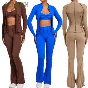 Women's Ribbed Tight Workout Sportswear Gym Training Set Solid Pattern Yoga Suit Plus Fitness Running Legging-Available