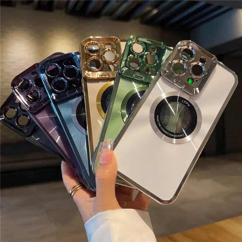Plating Laser CD Texture Lens Stand Bracket Holder Case for IPhone15 14Pro Max 13 12 11 Logo Hole Magnetic Wireless Charge Cover