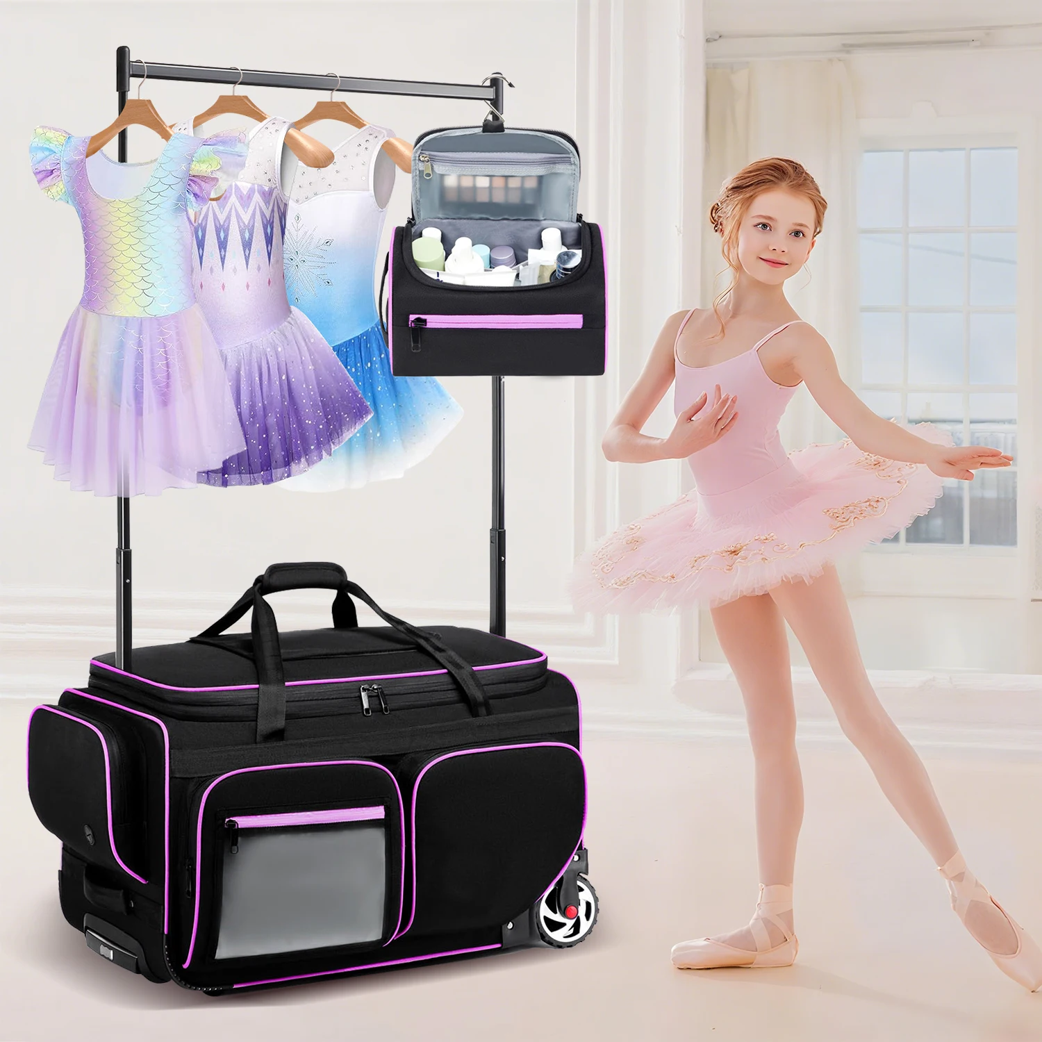 KONCAI Rolling Dance Bag With Garment Rack Waterproof Multi Functional Wheeled Dance for Girls