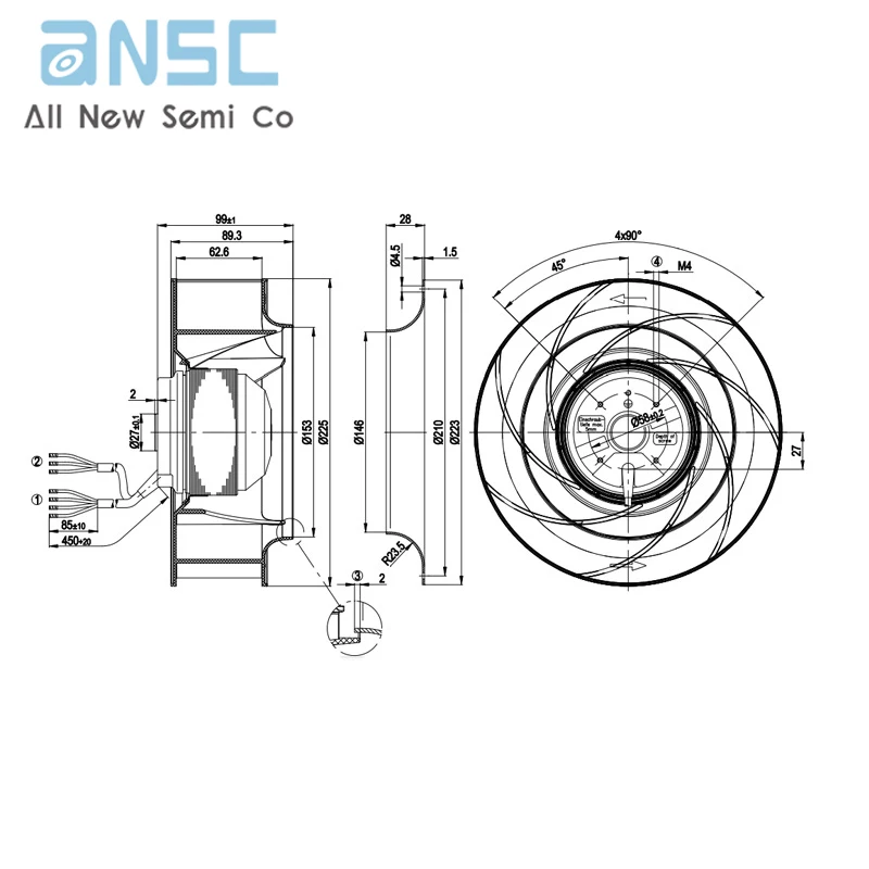 Original Centrifugal fan R2E225-BD92-19 230V 200W 2650/2950RPM ABFrequency converter centrifugal fan