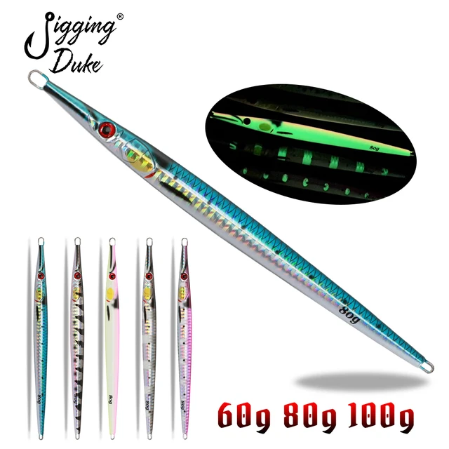 JiggingDuke Saltwater Needle Jig 60g/80g/100g Long Slim Vertical Slow Jigging 3D Fishing Metal Jig Tuna Lure