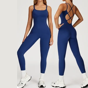 Cross Back Sports Jumpsuit Femm Open Back Push up Yoga Bodysuit Fitness Elastic Workout Clothes