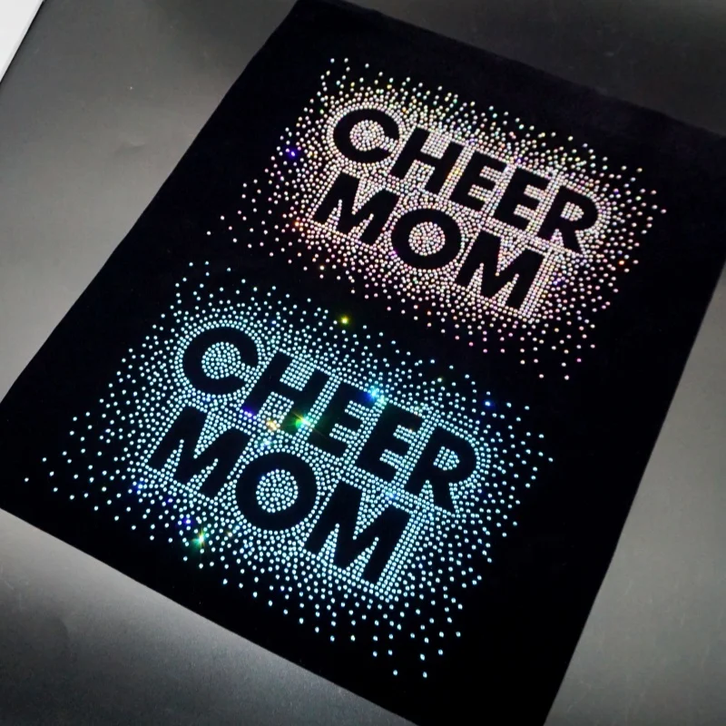 Professional designing rhinestone motif pattern iron on patch t shirt cheer mom iron-on glitter rhinestone transfer