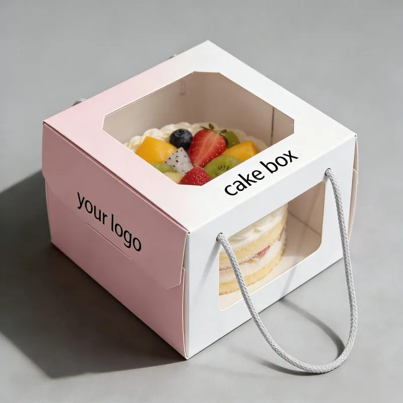 Scatola personalizzata per torte pieghevole di grandi dimensioni con finestra, realizzata in cartoncino bianco di alta qualità, scatole da pasticceria in carta alimentare, scatola per torte in carta con maniglia